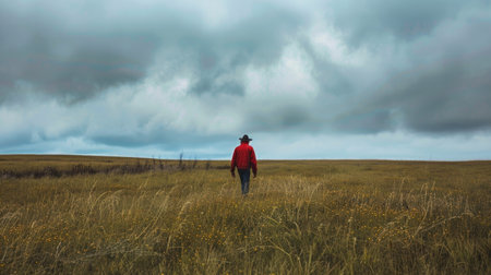 Hike in the steppe. A man in a red jacket and a hat walks through the steppe.の素材