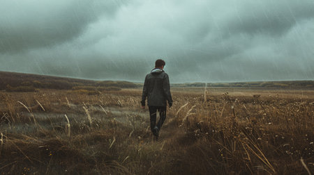 Businessman walking in the foggy meadow with rain on backgroundの素材