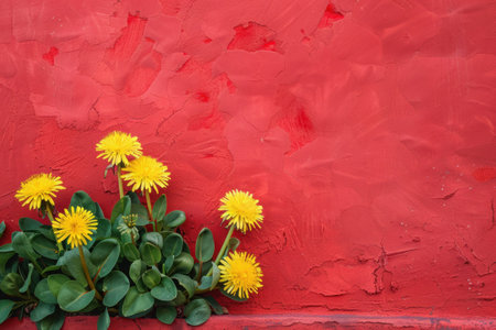 Yellow dandelions on a red wall background with copy space.の素材