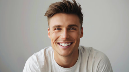 Close up portrait of a happy young man smiling and looking at cameraの素材