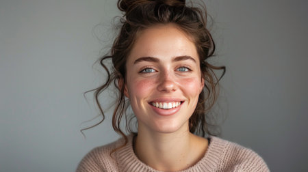 Close up portrait of beautiful young woman smiling and looking at camera.の素材