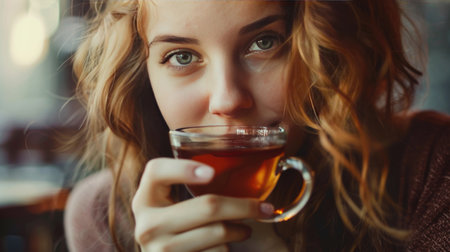 Young woman drinking tea in cafe. Close up portrait of beautiful girl with cup of tea.の素材