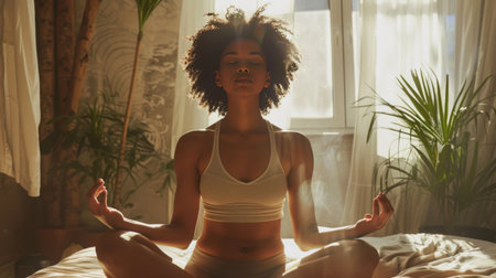 young african american woman meditating in lotus position on bed at homeの素材
