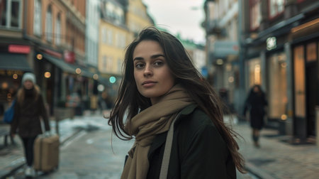 Portrait of a beautiful young brunette woman walking in the cityの素材
