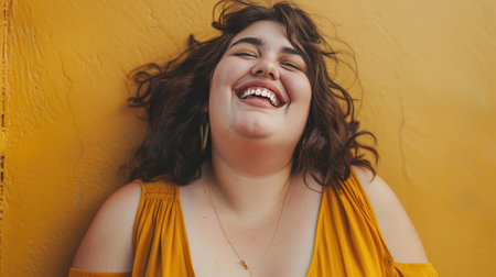 Portrait of a beautiful young woman laughing against a yellow wall.の素材