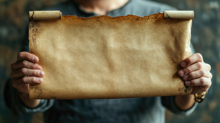 Hands of a man holding an old sheet of paper in front of himの素材