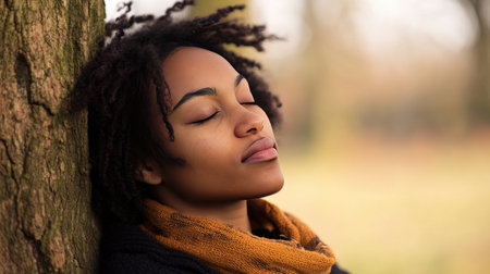 Portrait of a young African American woman in the parkの素材