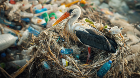 A stork is sitting on a nest with plastic bottles in the background.の素材