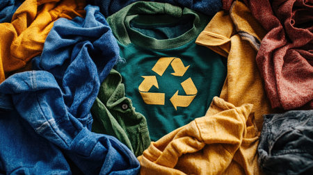 Colorful t-shirt with recycling symbol on it. Recycling conceptの素材