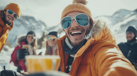 Group of friends having fun on winter vacation. People having fun outdoors.の素材