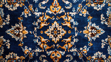 Texture, background, pattern. The fabric is blue with a floral pattern. It is photographed close-up.の素材