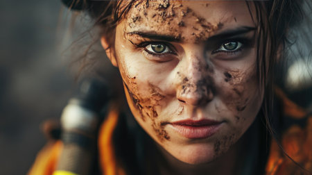 Close-up portrait of a girl with dirty face and dirty faceの素材