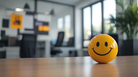 Smiling face on a yellow ball on a table in an officeの素材