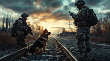 Two soldiers with a dog on the railway at sunset. Selective focus.の素材