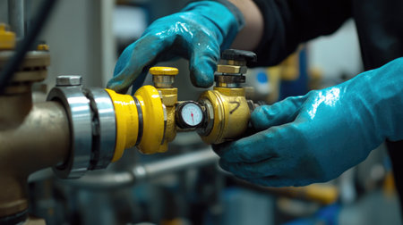 Close-up of a man's hands in blue gloves at a gas pipelineの素材