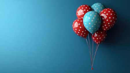 3D American balloons with a USA flag pattern on a blue background, illustration, American holiday celebration concept.の素材