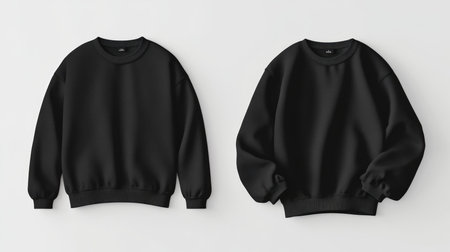 3D Black Crewneck Sweatshirt Mockup with Ribbed Cuffs on a White Background, classic black crewneck sweatshirt with ribbed cuffsの素材