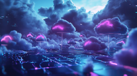 3D Metaverse System Network Powered by Cloud Technology, 3D depiction of a metaverse system network powered by cloud technology.の素材