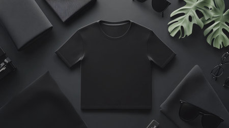 3D Mockup of a Black Graphic T-Shirt with Placeholder Text, black graphic t-shirt with placeholder text for design purposesの素材