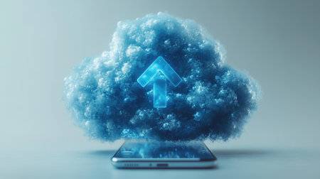 3D render of a simple, minimalistic blue cloud icon with up and down arrows on a smartphone screen, against a white backgroundの素材