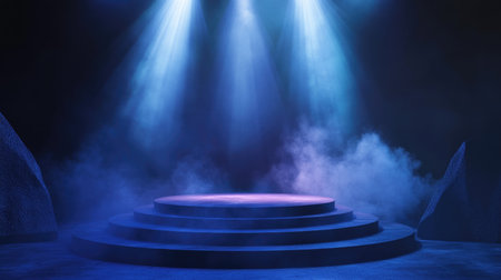 3D rendered illustration of podium with blue spotlight background with smoke, concert stage 3d render illustration.の素材