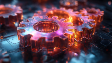 3d vector update icon with glassmorphism effect, featuring floating gears symbolizing system updates and modern technology.の素材