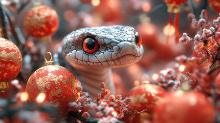 2025 Chinese new year of the snake. A snake surrounded by festive decorationsの素材