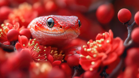 2025 Chinese new year of the snake. A snake surrounded by festive decorationsの素材