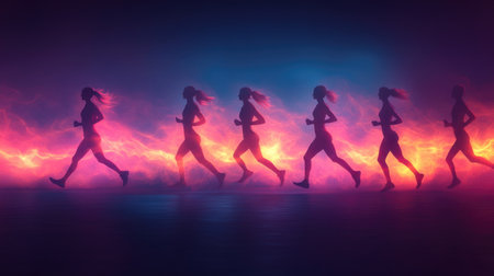 A background for a running app UI that features a gradient from dawn pink to twilight purple, with silhouettes of runners and dynamic swoosh linesの素材