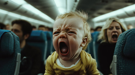 A baby crying loudly on a plane filled with passengers, highlighting travel stress and discomfort.の素材