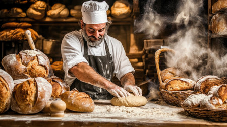 A baker kneading dough on a wooden surface, surrounded by flour and freshly baked bread.の素材