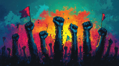 A banner design of hands engaged in revolutionary actions, breaking chains, raising flags, holding up peace signs. Revolution hand concept.の素材