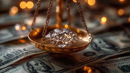 A balance scale with a diamond and money symbolizes the value and cost of sustainable jewelry.の素材