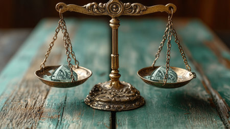 A balance scale with a diamond and money symbolizes the value and cost of sustainable jewelry.の素材