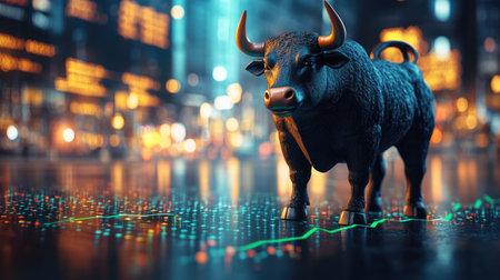 A banner capturing the surge in stocks, set against the backdrop of a trade exchange with a bull and a green up arrow graph depicting the increase in asset value.の素材