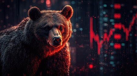 A banner depicting the trading Collapse Symphony with Bear. On a backdrop of a trade exchange with red arrow graphs.の素材