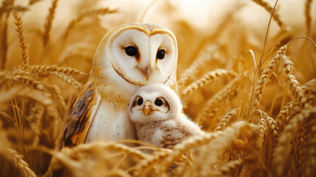 Two barn owls sitting in wheat field. Close-up.の素材