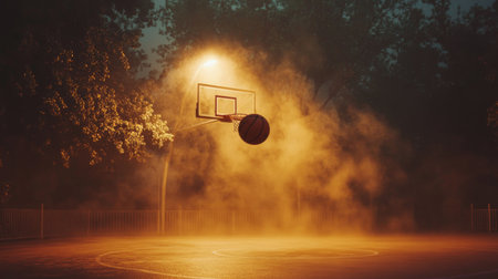 A basketball in mid-air over a foggy, illuminated court with a hoop in the backgroundの素材