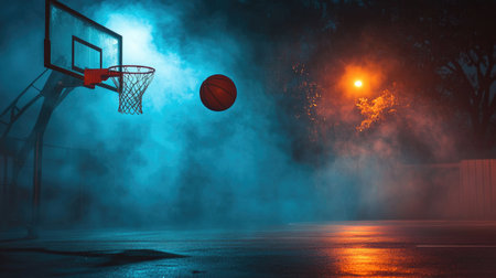 A basketball in mid-air over a foggy, illuminated court with a hoop in the backgroundの素材