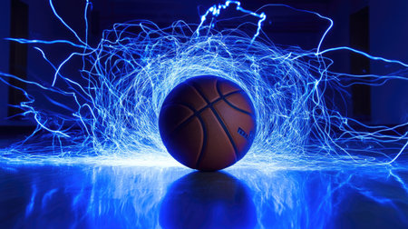 A basketball illuminated by blue light, emphasizing motion and energy in sportsの素材
