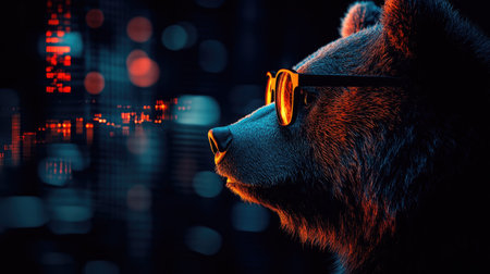 A bear wearing glasses looking at stock market financial chartsの素材