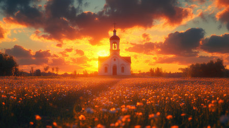A beautiful church or monastery on the horizon against the background of sunset or sunset. Catholic or Orthodox lonely churchの素材