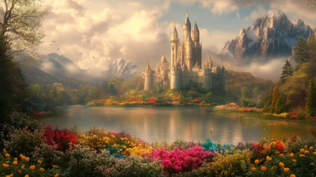 A beautiful castle surrounded by colorful gardens in a serene countryside landscape during a cloudy afternoon.の素材