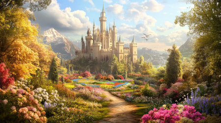 A beautiful castle surrounded by colorful gardens in a serene countryside landscape during a cloudy afternoon.の素材