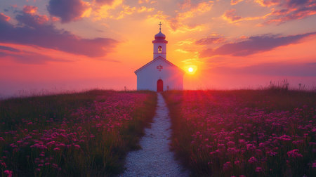 A beautiful church or monastery on the horizon against the background of sunset or sunset. Catholic or Orthodox lonely churchの素材
