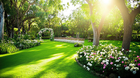 A beautiful garden wedding ceremony setup with floral arrangements in full bloom set during a sunny afternoon in a lush green parkの素材