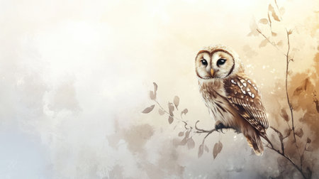 A beautiful owl perched on a branch surrounded by soft watercolor backgrounds in a serene landscape during early morning light.の素材