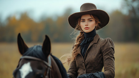 A beautiful woman in hat riding a horseの素材