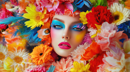 A beautiful woman is surrounded by colored flowers and feathers, in the style of surreal fashion photography. Woman with colorful makeup and flowers.の素材