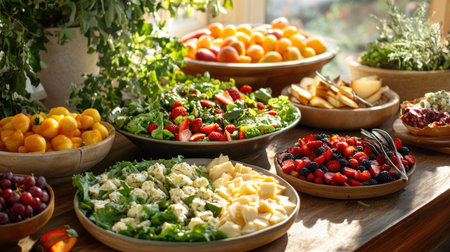 A beautifully arranged buffet featuring various salads, fruits, and cheeses for a gatheringの素材